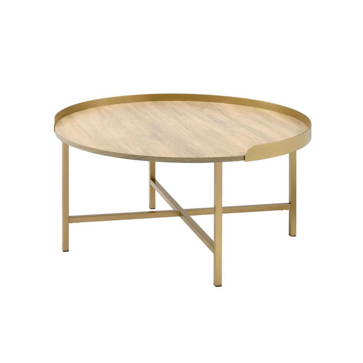 round coffee table with tray style top with cross bas metal base - Oak