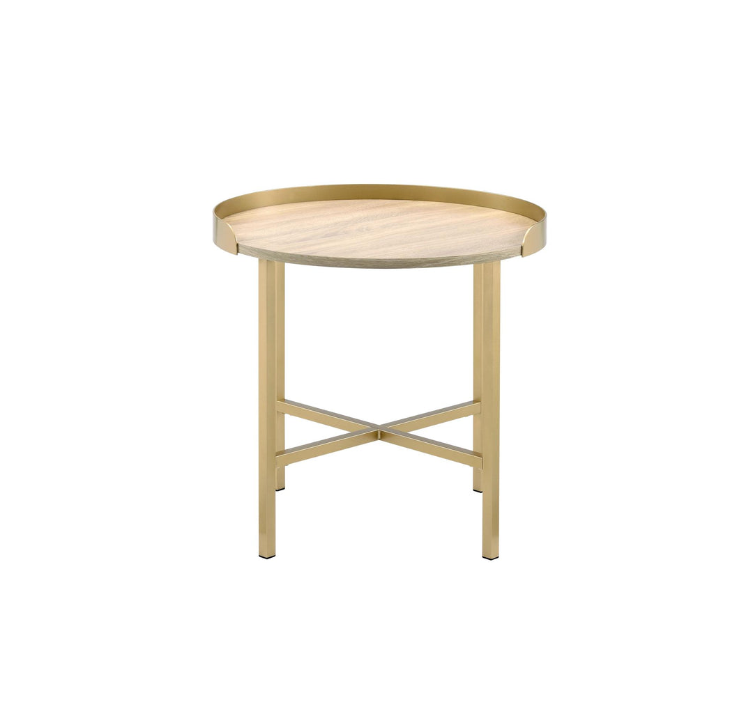 Denby Round End Table with Gold Finish - Oak