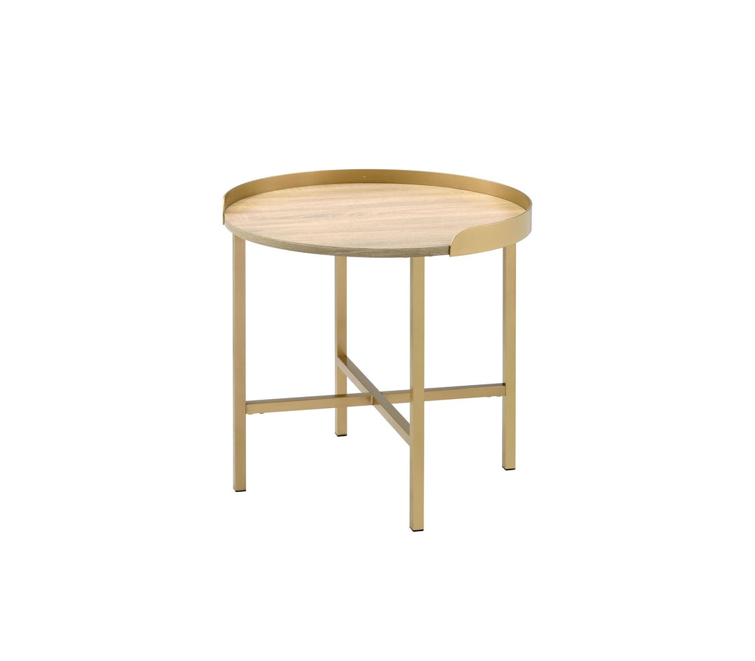 Gold Finish round tray style end table - Oak