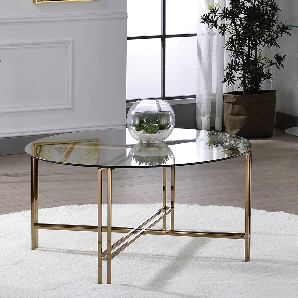 Tempered glass top round coffee table - Champagne/Natural