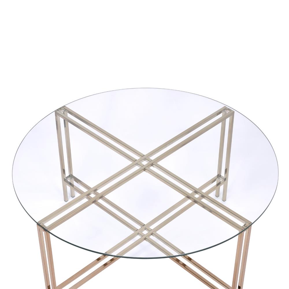 glass top round coffee table with meta legs- Champagne/Natural