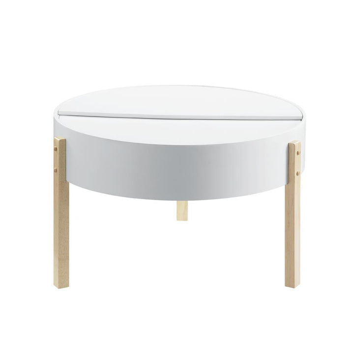 Elin Round Coffee Table with Wooden Top and Hidden Storage - White