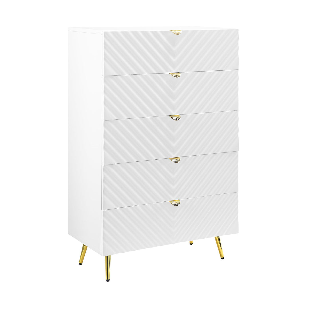 5 Drawer Dresser Chest with gold metal accents - White