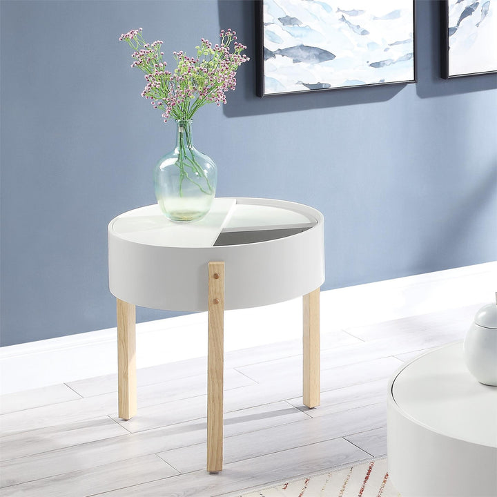 wooden top round end table with storage- White