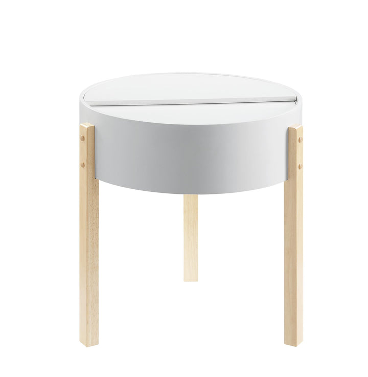 Elin Round End Table with Wooden Top and Hidden Storage - White