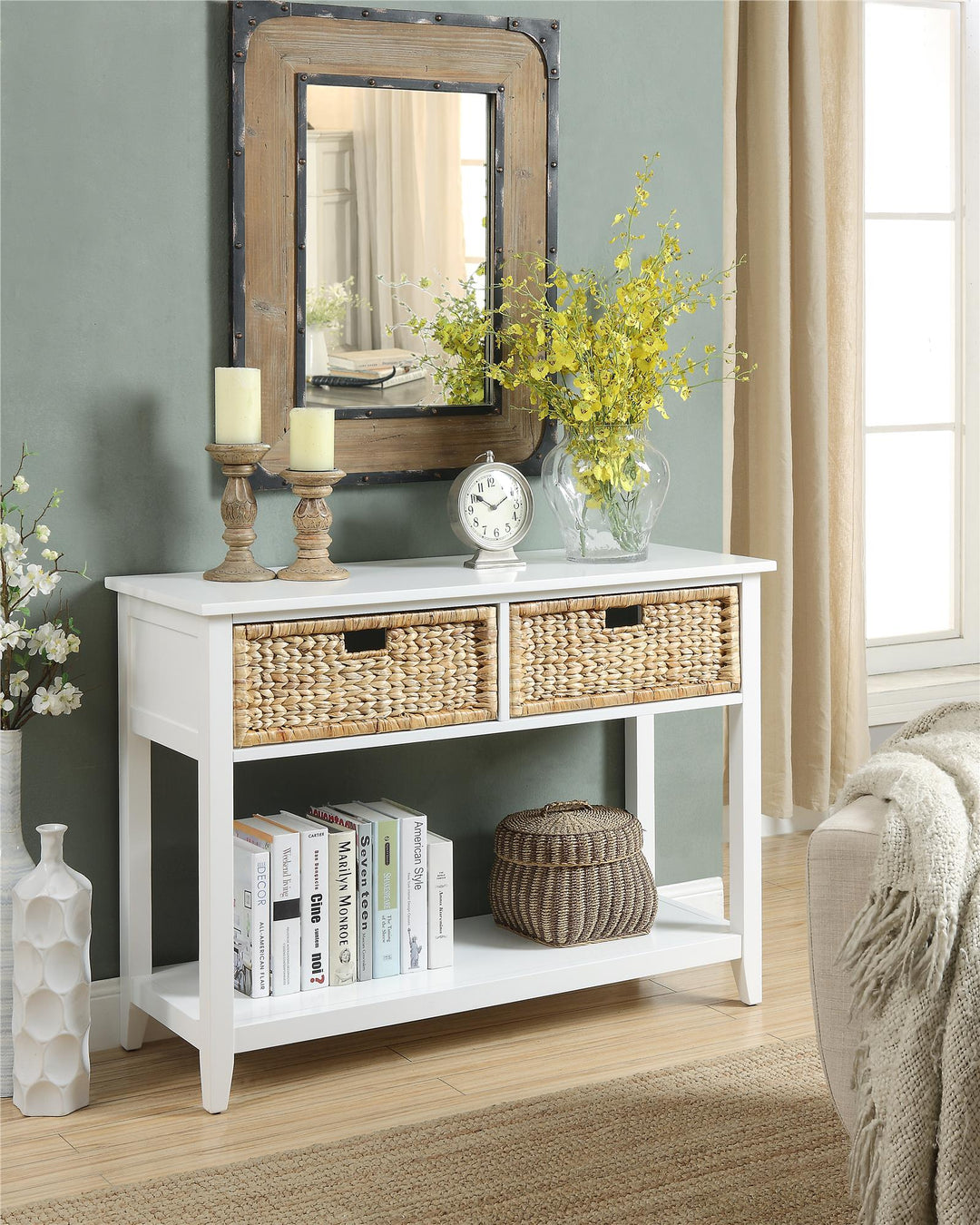Console Table with 2 Basket Drawers - White