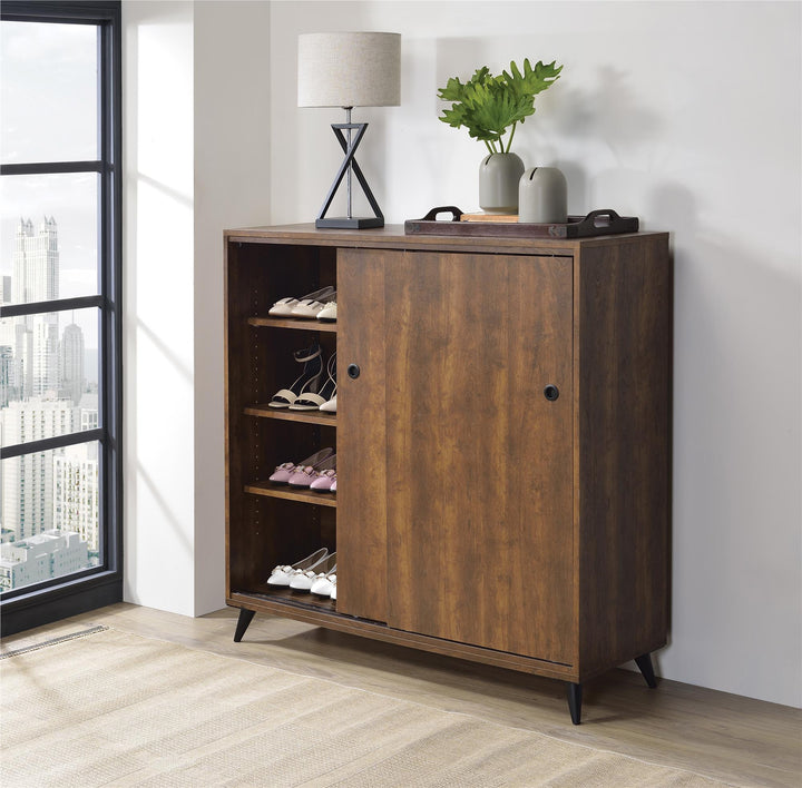 Modern Rectangular Shoe Cabinet with 2 Sliding Doors - Oak