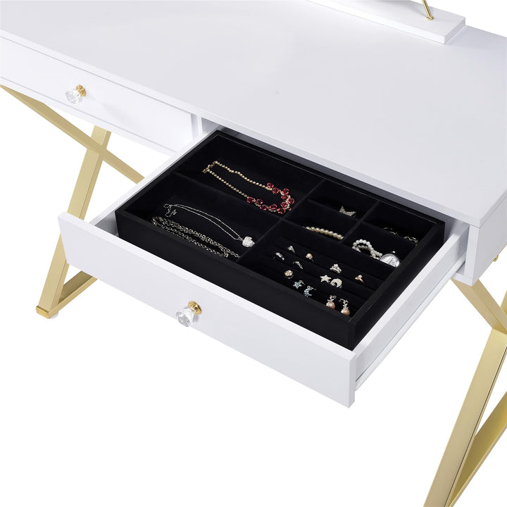 Rectangular vanity desk with 2 drawers and gold finish base Gold Finish - White