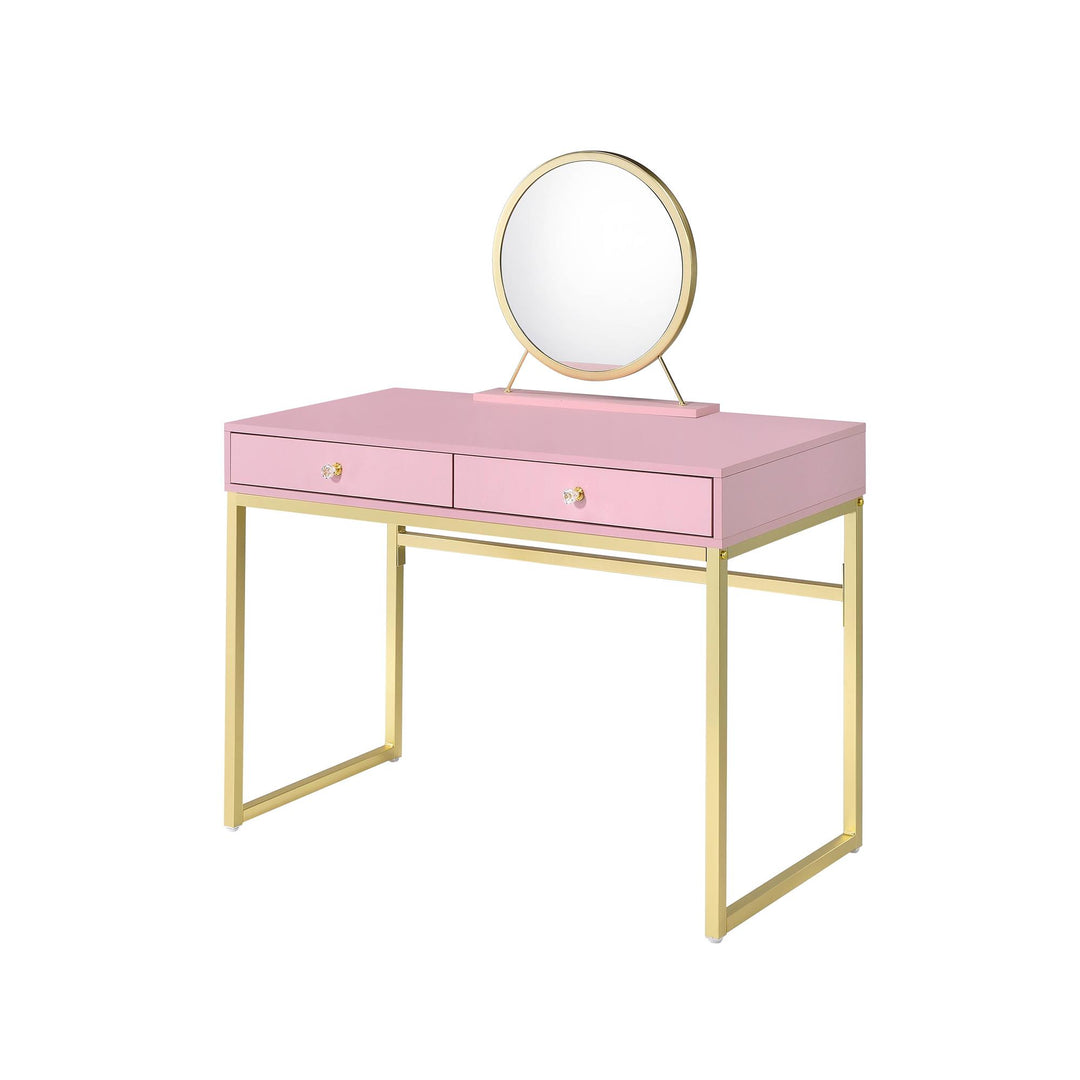 Vanity desk with round mirror and two drawers - Pink