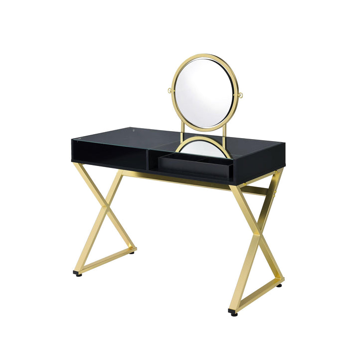round mirror vanity desk with jewelry try - Black