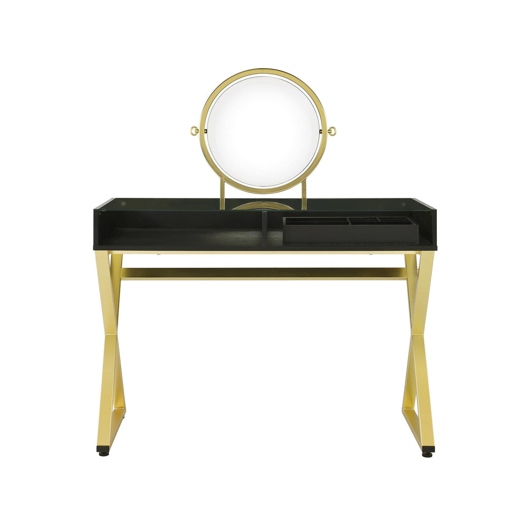 Cecily Vanity Desk with Round Mirror & Jewelry Tray and Open Compartment - Black