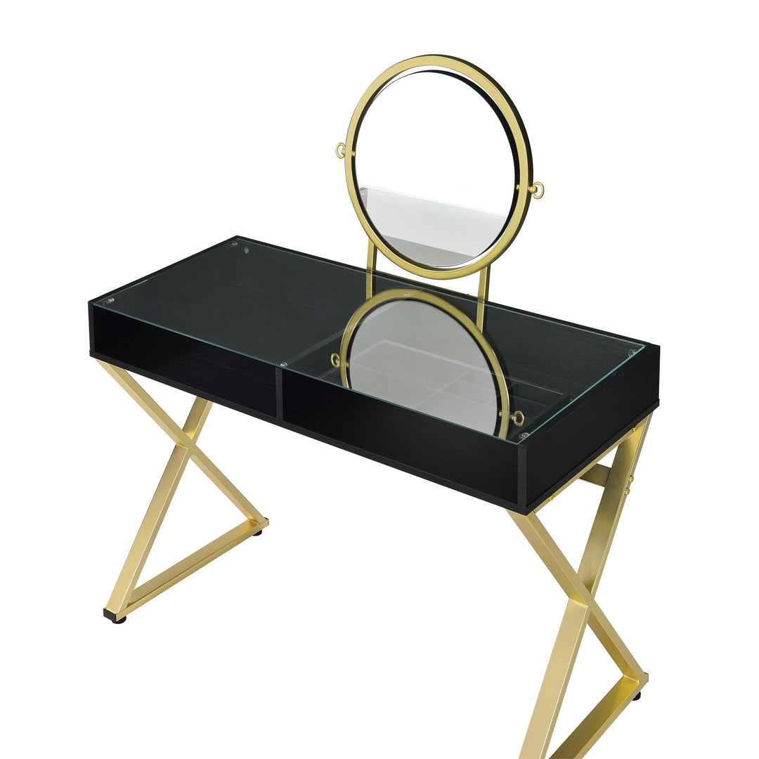 round mirror vanity desk with open compartment - Black