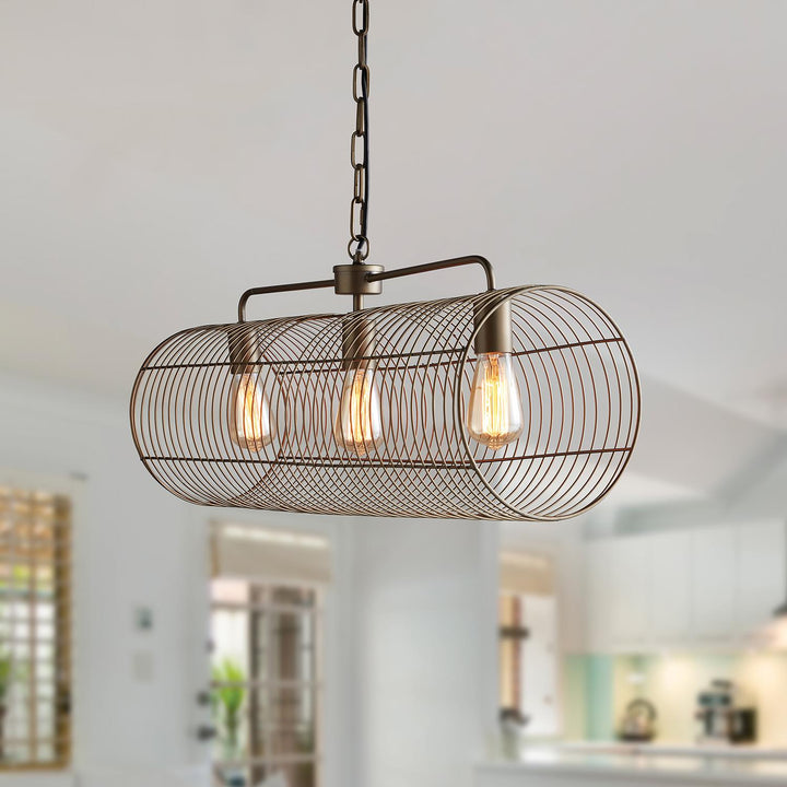 Brass Cage Hanging Light with Iron Accent - Bronze