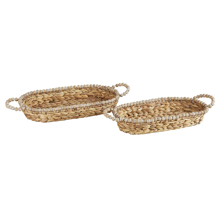 Water Hyacinth Round Bead Baskets with Handles, Set of 2 - Wheat