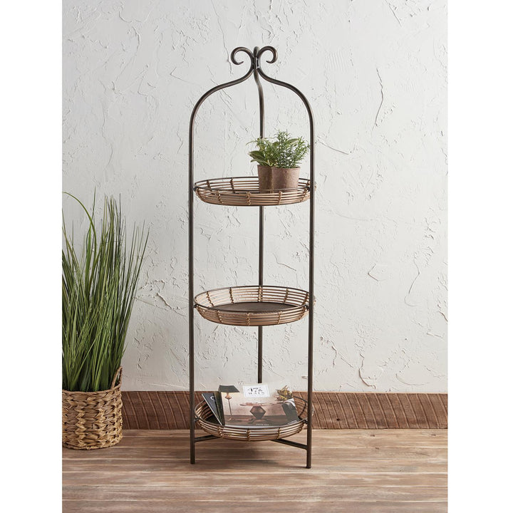 Metal Corner Shelf with Rattan basket shelving - Bronze