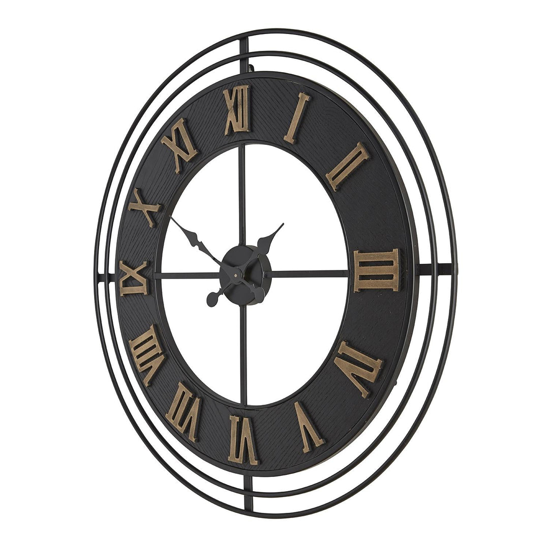 Black Metal Modern Wall Clock with Roman Numerals - Black