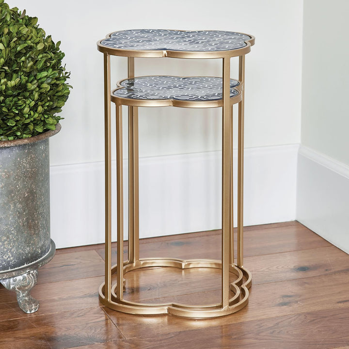 Elegant nested tables featuring blue and white tops and gold base - Gold