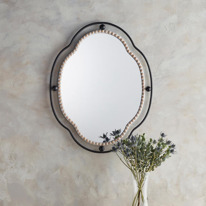 Rustic Black Framed Oval Mirror with Beaded Detail - Black
