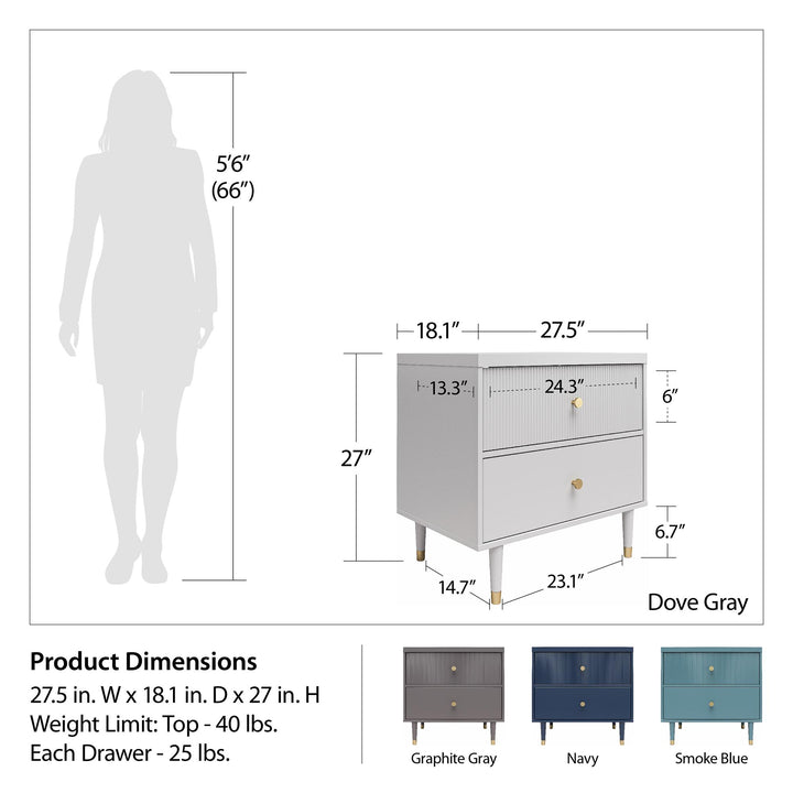 Elizabeth 2 Drawer Textured Nightstand with Gold Knobs - Graphite Grey