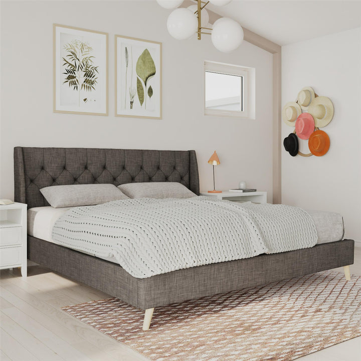Her Majesty Wingback Bed with a Button Tufted Headboard and Tapered Wood Legs - Grey Linen - King