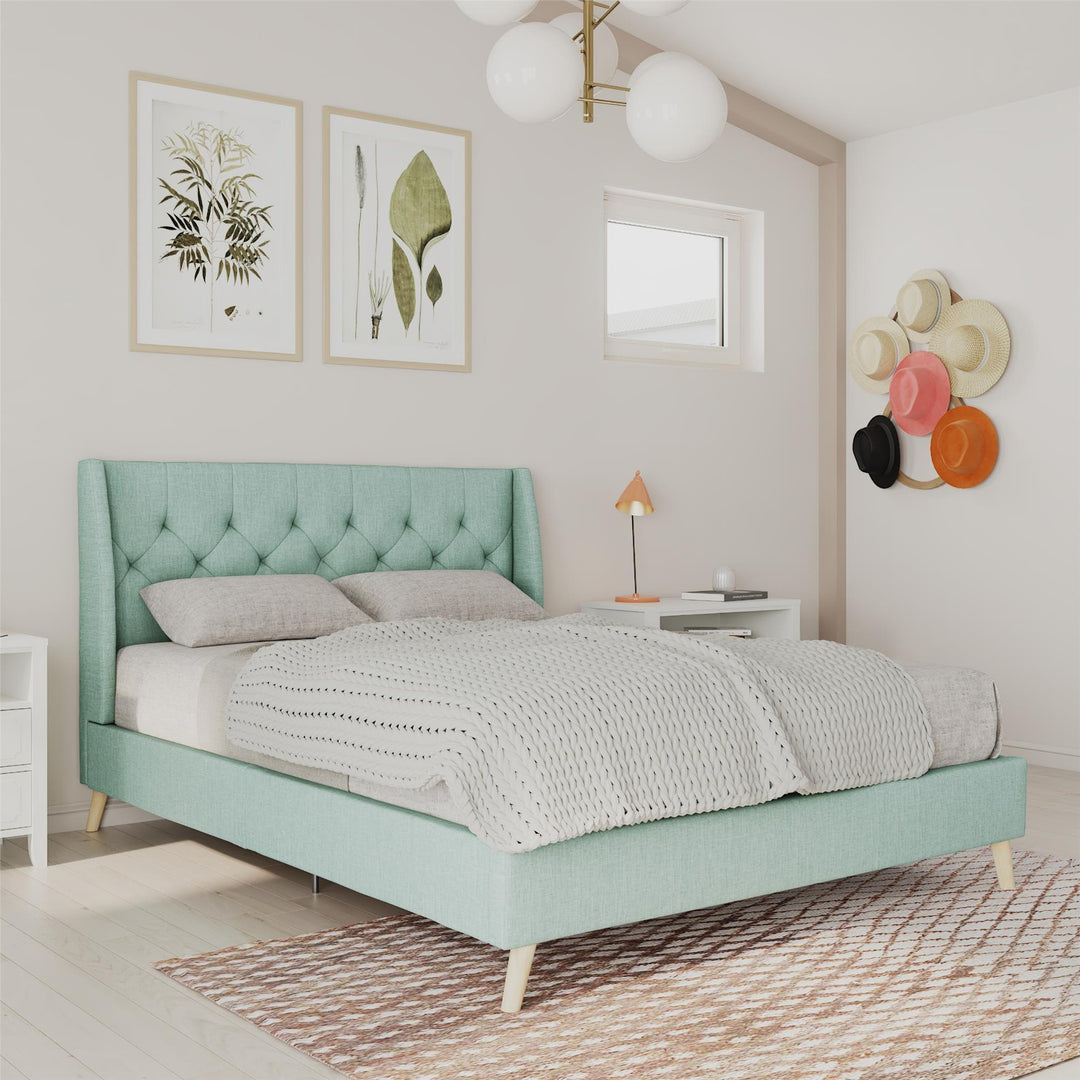 Her Majesty Wingback Bed with a Button Tufted Headboard and Tapered Wood Legs - Green - Queen