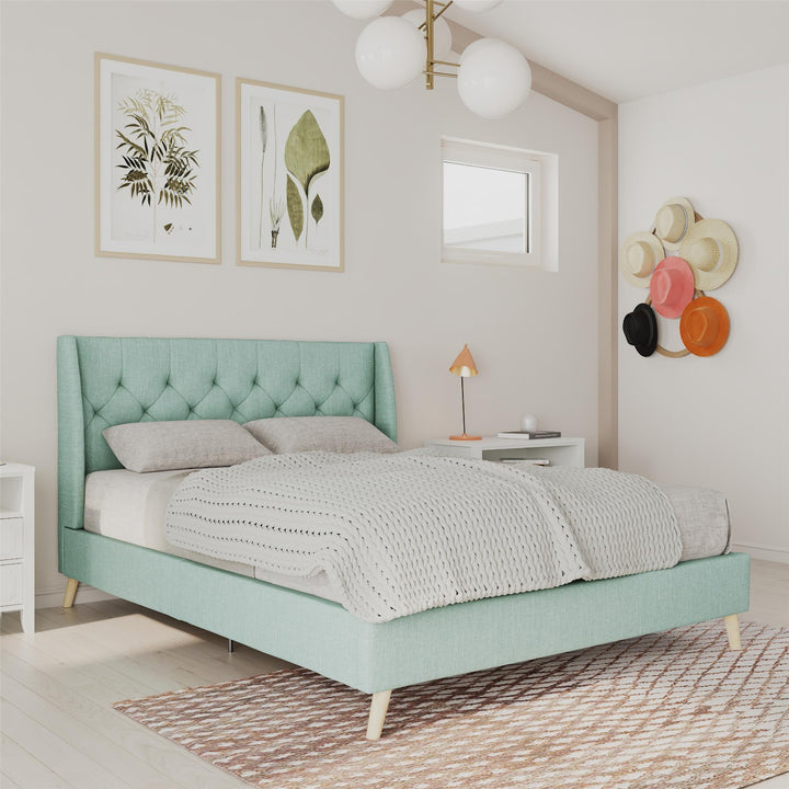 Her Majesty Wingback Bed with a Button Tufted Headboard and Tapered Wood Legs - Green - Queen