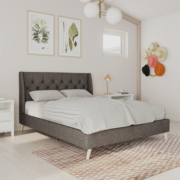 Her Majesty Wingback Bed with a Button Tufted Headboard and Tapered Wood Legs - Grey Linen - Queen