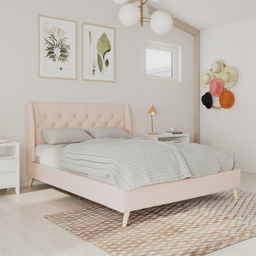 Her Majesty Wingback Bed with a Button Tufted Headboard and Tapered Wood Legs - Pink - Queen