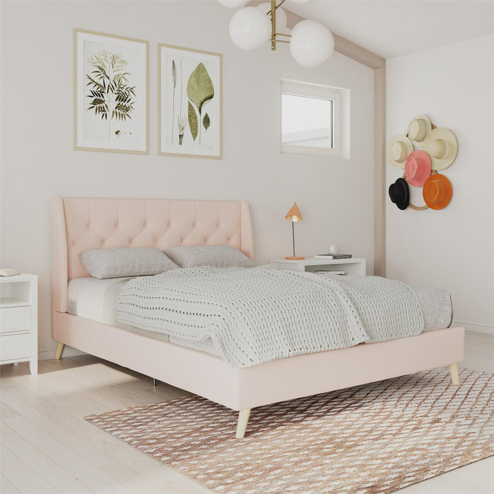 Her Majesty Wingback Bed with a Button Tufted Headboard and Tapered Wood Legs - Pink - Queen