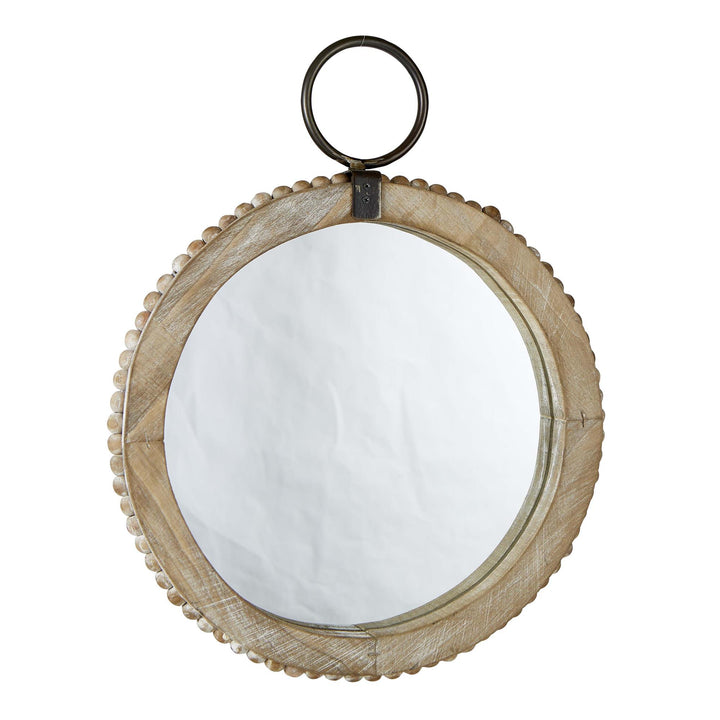 Wooden Hanging Mirror with Metal Hardware and Decorative Beads - Beige