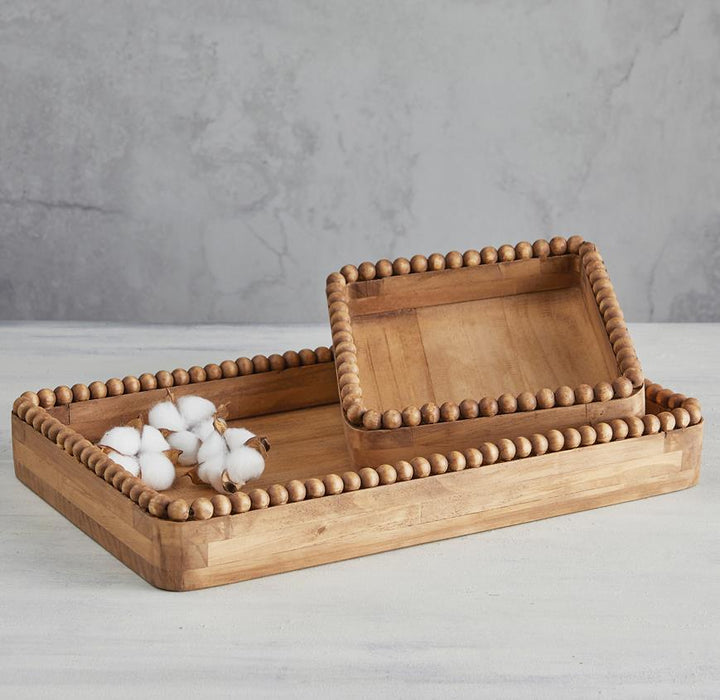 Wood Square Decorative Baskets with Beaded Accents, Set of 2 - Wheat