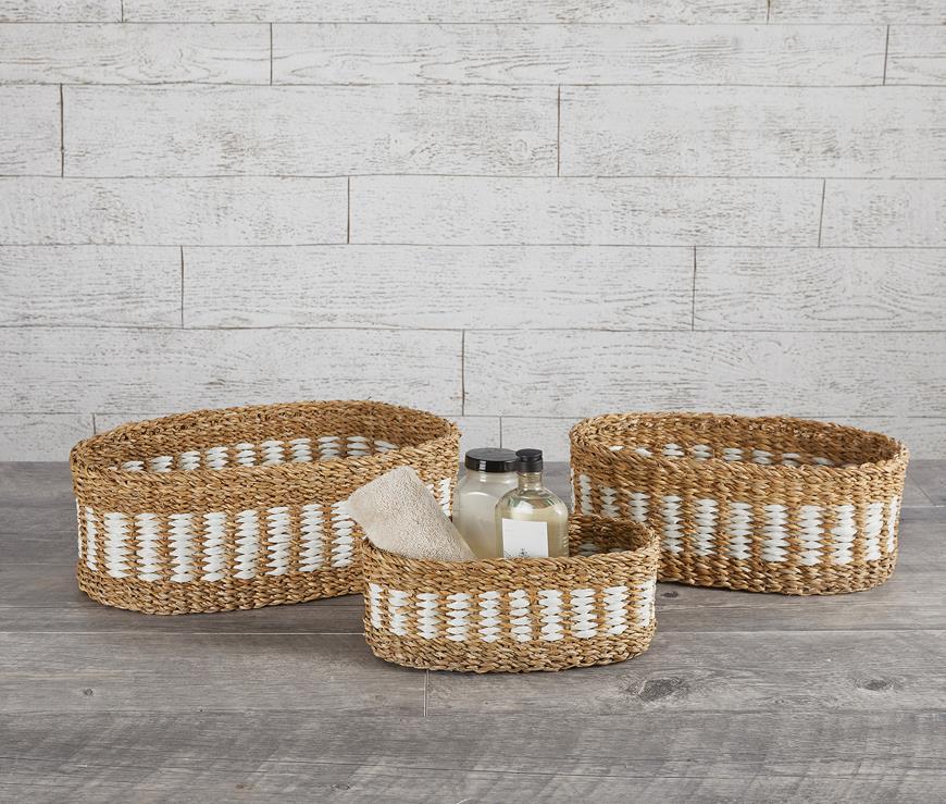 Seagrass Weaved Striped White and Natural Oval Baskets, Set of 3 - Wheat