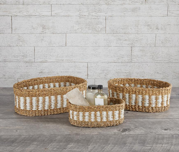 Seagrass Weaved Striped White and Natural Oval Baskets, Set of 3 - Wheat