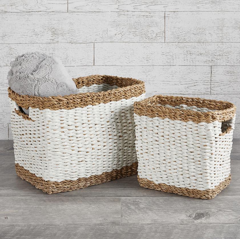 Seagrass Rectangular White and Natural Baskets, Set of 2 - White