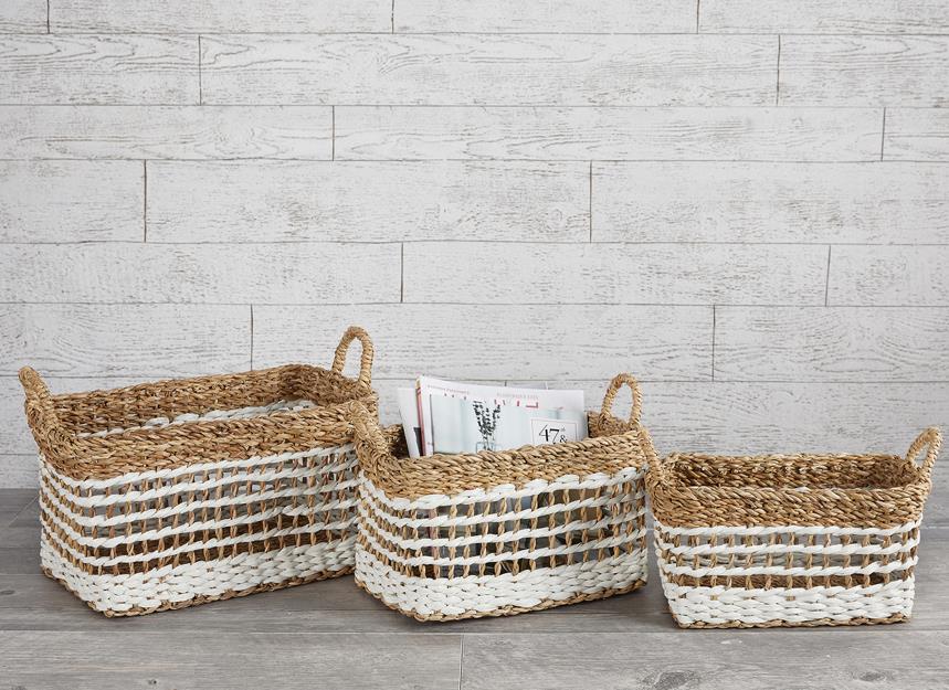 Seagrass Weaved Striped White and Natural Rectangular Baskets with Handles, Set of 3 - Wheat