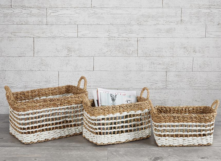 Seagrass Weaved Striped White and Natural Rectangular Baskets with Handles, Set of 3 - Wheat