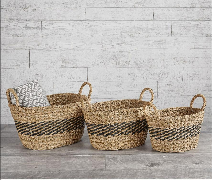Seagrass Black Stripe Oval Baskets with Handles, Set of 3 - Wheat