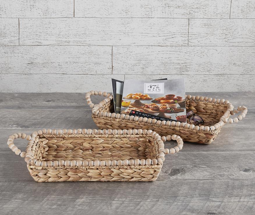 Water Hyacinth Rectangular Bead Baskets, Set of 2 - Wheat