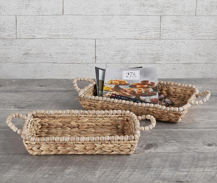 Water Hyacinth Rectangular Bead Baskets, Set of 2 - Wheat