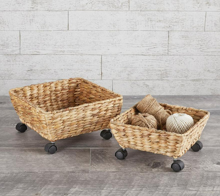 Woven Baskets on Wheels, Set of 2 - Wheat