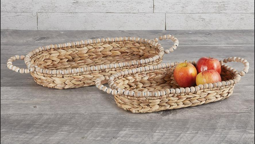 Water Hyacinth Round Bead Baskets with Handles, Set of 2 - Wheat