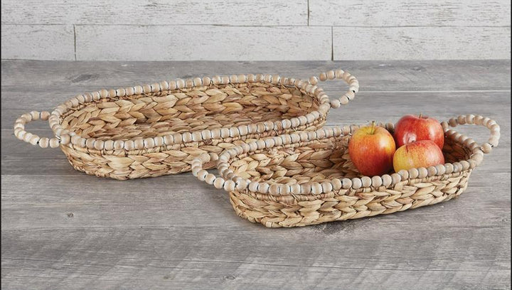 Water Hyacinth Round Bead Baskets with Handles, Set of 2 - Wheat