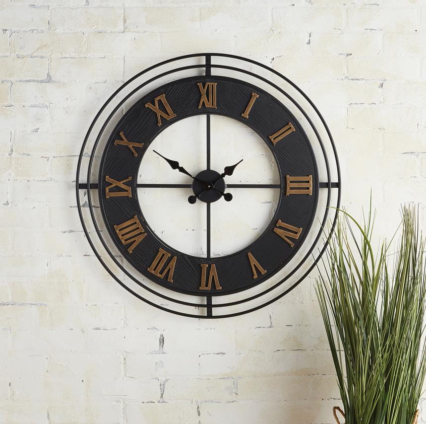Black Metal Modern Wall Clock with Roman Numerals - Black