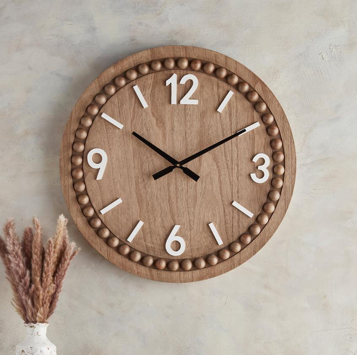 Wood Wall Clock with Beaded Accents  - Brown Oak