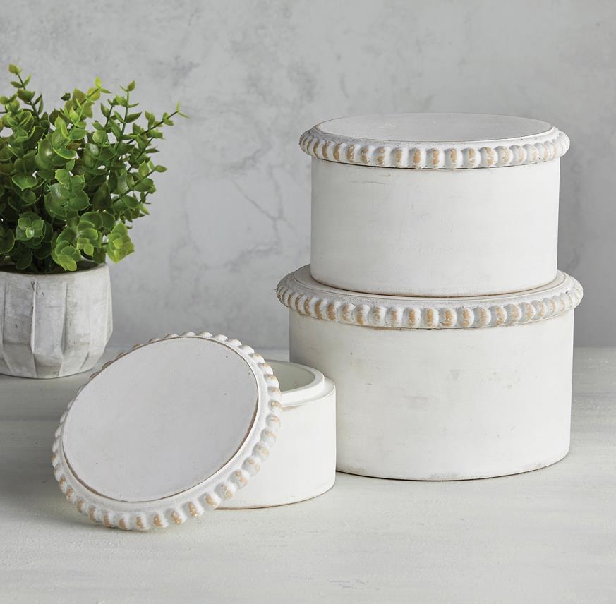 Wood Round Decorative Boxes with Beaded Accents, Set of 3 - White