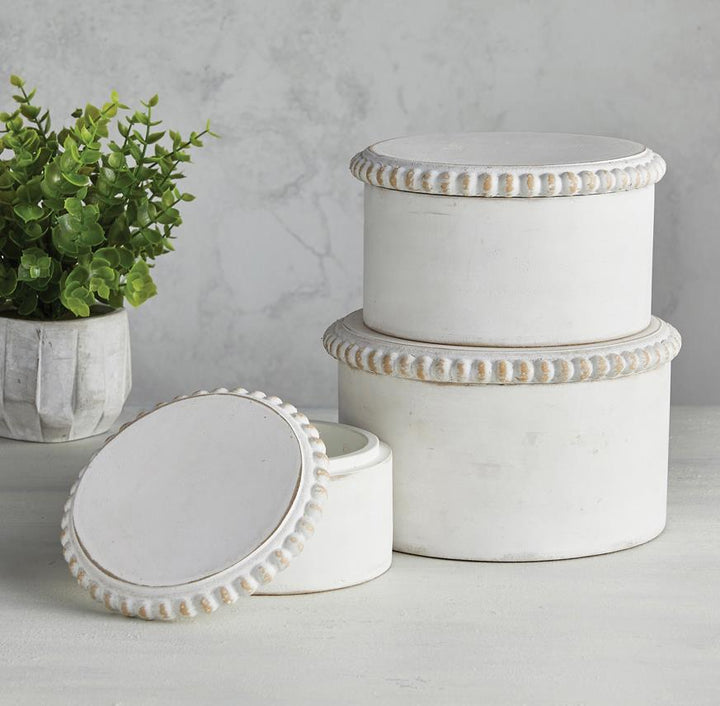 Wood Round Decorative Boxes with Beaded Accents, Set of 3 - White