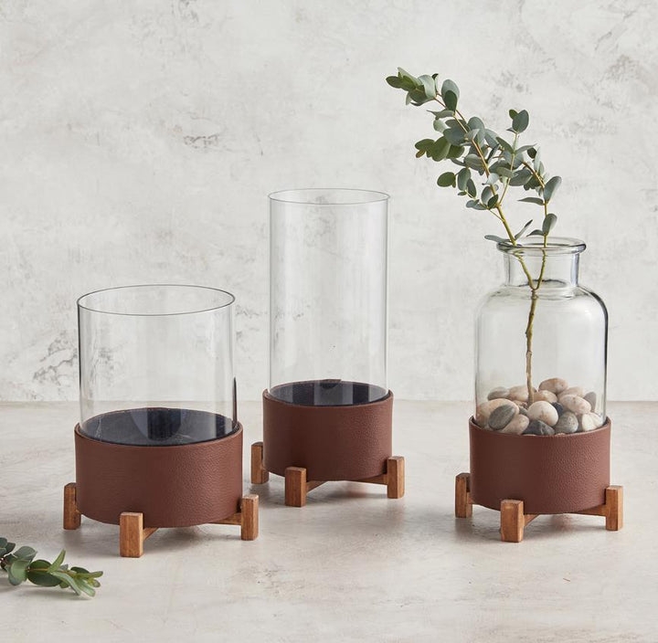 Glass Vase with Faux Leather and  Wood Base, Set of 2 - Espresso