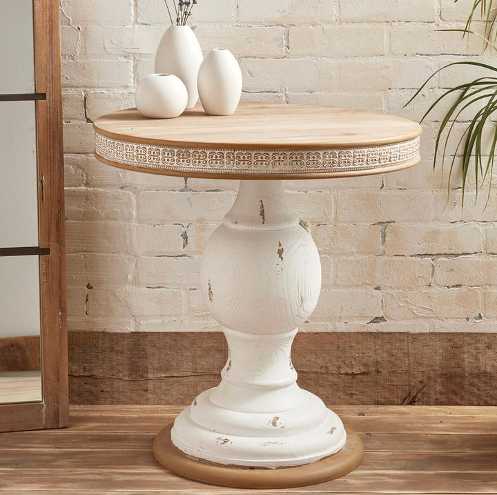 Atwood Firwood Rustic White Round Side Table with detailed rim - White