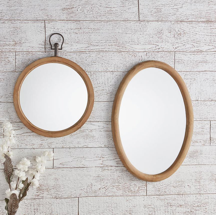 Large Round Wooden Frame Mirror with Metal Hanging Hardware - Beige
