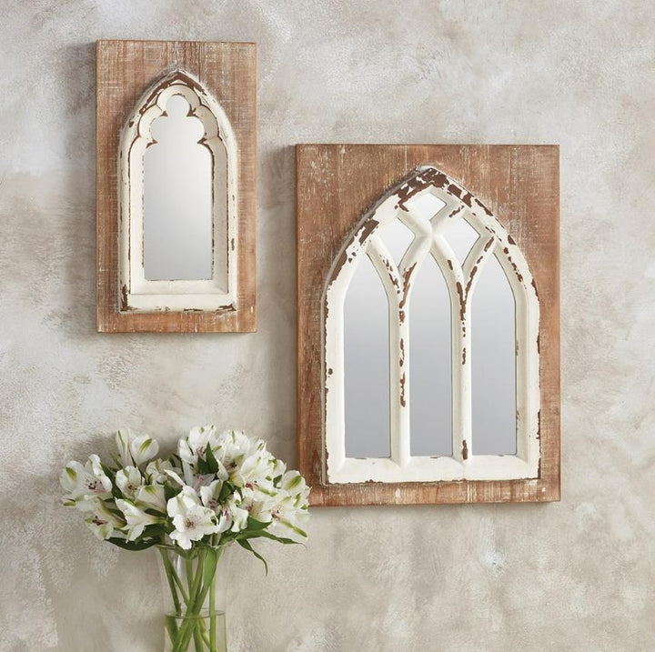 Rustic White Wood 3 Panel Mirror with Decorative Focal Point - Beige